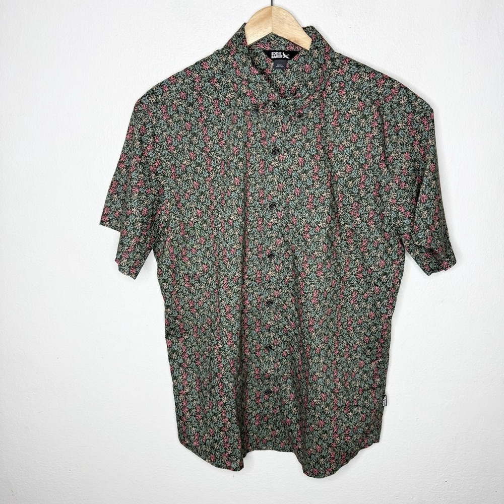 Eddie Bauer‎ Green Pink Coral Print Short Sleeve Button Up Shirt Mens Large